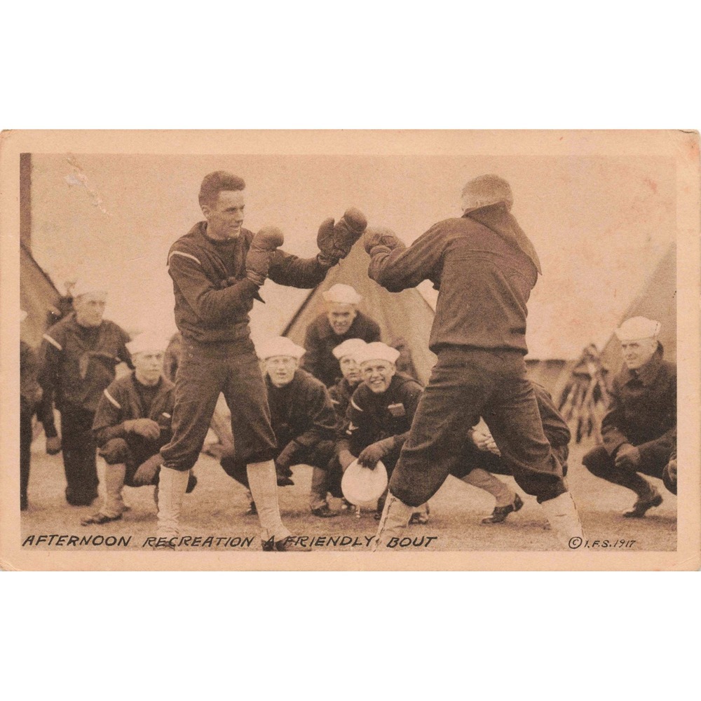 WWI 1917 Military Postcard Boxing Sailors Camp Friendly Bout I.F.S. Sepia - Picture 1 of 2